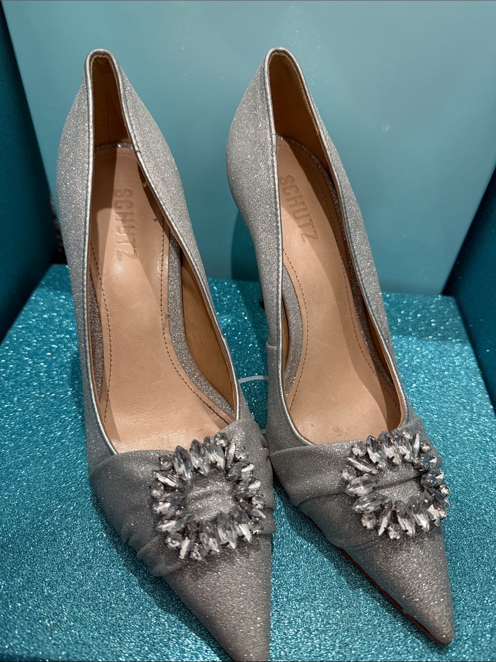 SCHUTZ Silver Crystal-Embellished Pointed Toe Pumps